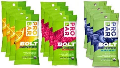 Probar Bolt Organic Energy Chews Set Mixed Berry, Orange and Raspberry - Four of Each Flavor, Box of 12