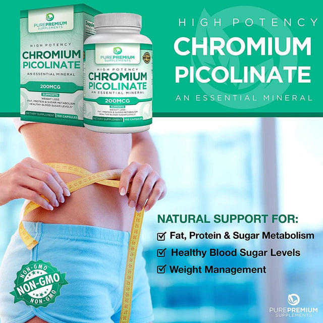 Chromium Picolinate by Purepremium Supplements - Maximum Strength Essential Mineral - Supports Weight Loss, Metabolism, and Healthy Blood Sugar Levels - 200Mcg, 100 Capsules