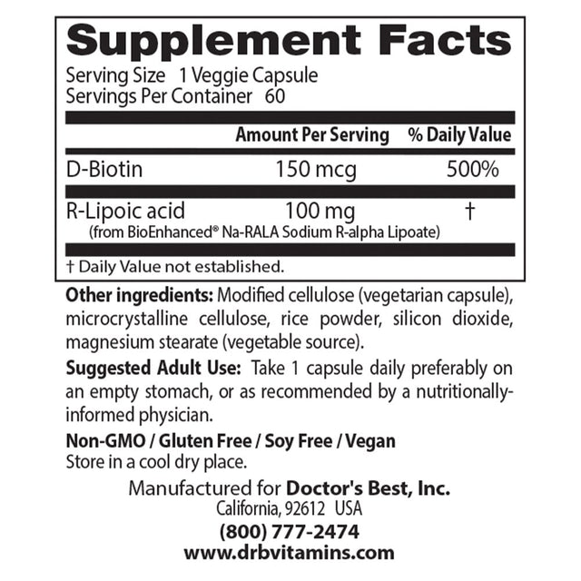 Doctor'S Best Stabilized R-Lipoic Acid with Bioenhanced Na-Rala, Non-Gmo, Gluten Free, Soy Free Vegan, Helps Maintain Blood Sugar Levels, 100 Mg 60 Veggie Caps