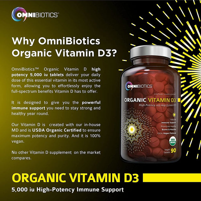 Organic Vitamin D3 5000 IU - 100% Vegan High-Potency Immune Support by Omnibiotics - 90 Tablets