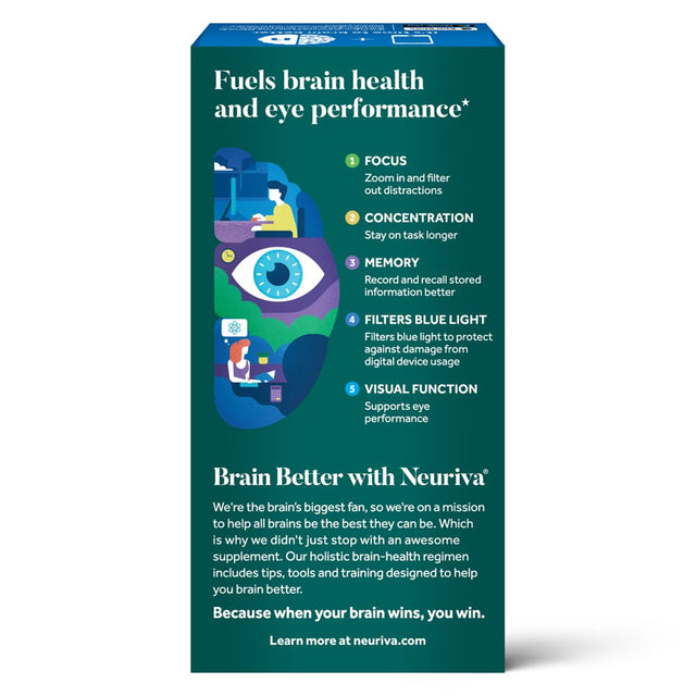 Neuriva Brain + Eye Support Capsules (30 Count), with Vitamins a C E, Zinc, Zeaxanthin, Antioxidants, Filters Blue Light, Decaffeinated, Vegetarian, Gluten & GMO Free