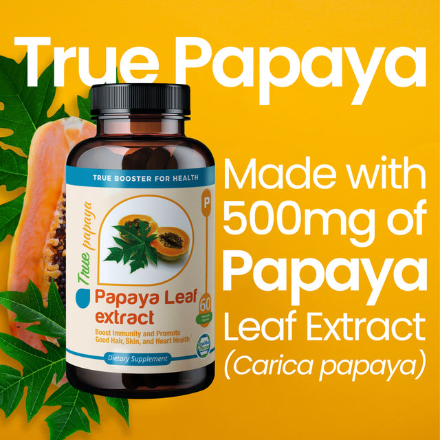 Truemed Papaya Leaf Extract Support for Blood Platelet Bone Marrow Immunity Good Hair Heart Health Herbal Supplement 500 Mg 60 Capsules