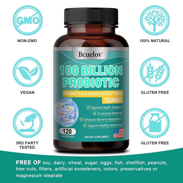 Bcuelov Organic Probiotics 100 Billion, Dr. Formulated Probiotic Capsules for Digestive and Gut Health - Supports Occasional Constipation, Diarrhea, Gas and Bloating