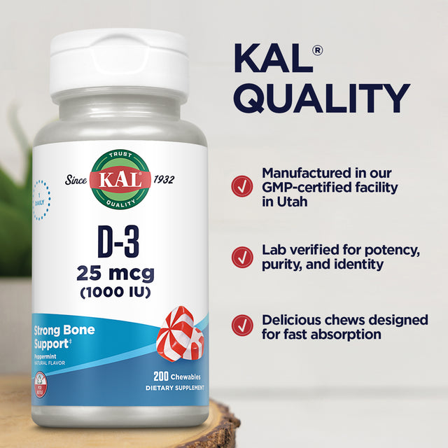 KAL Vitamin D-3 1000 IU Chewable | Peppermint Flavor | Healthy Immune Function & Bone Support | 200 Chews