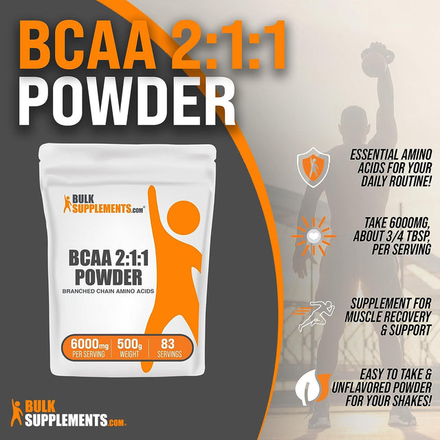 BULKSUPPLEMENTS.COM BCAA 2:1:1 Powder - Branched Chain Amino Acids. BCAA Powder, Bcaas Amino Acids Powder - Unflavored & Gluten Free, 6000Mg per Serving - 83 Servings, 500G (1.1 Lbs)