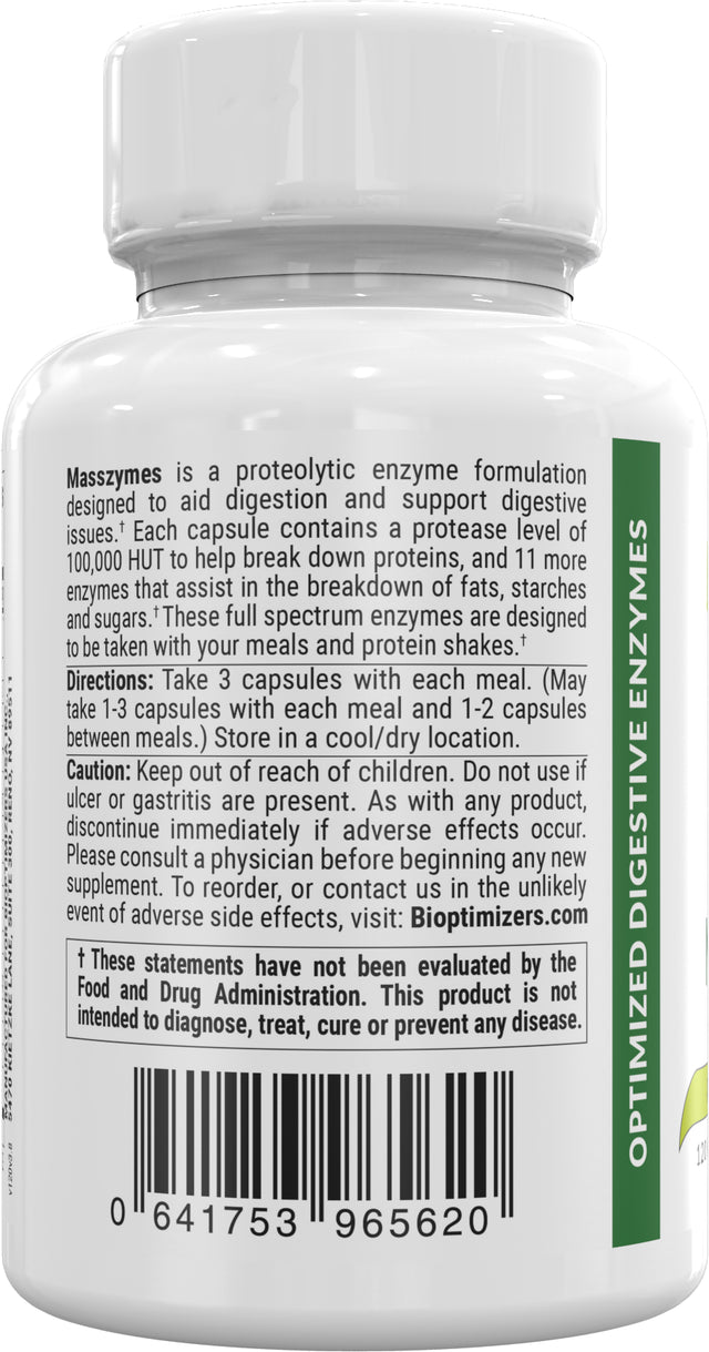 Bioptimizers - Masszymes 3.0 with Astrazyme - Digestive Enzyme Supplement for Better Absorption - Relief from Bloating, Constipation, and Gas - Contains Lipase, Amylase, and Bromelain, 120 Capsules