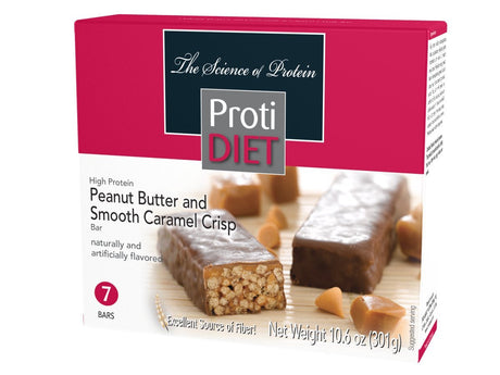 Protidiet Peanut Butter and Smooth Caramel Crisp High Protein Bars (Box of 7) Net Wt 10.6Oz