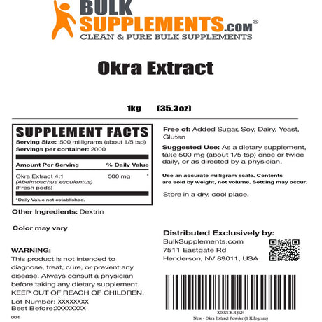 Bulksupplements.Com Okra Extract Powder, 500Mg - Herbal Fiber Supplement (1KG - 2000 Servings)