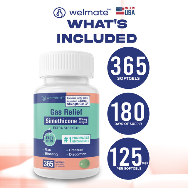 Welmate Simethicone 125 Mg - Extra Strength Gas Relief - IBS & Bloating Support - 365 Count Softgels