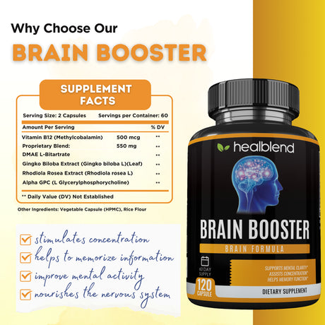 Healblend Brain Booster Supplement - Supports Mental Clarity, Concentration & Memory Function with Ginkgo Biloba, DMAE, Vitamin B12, Rhodiola, Alpha GPC - 120 Capsules