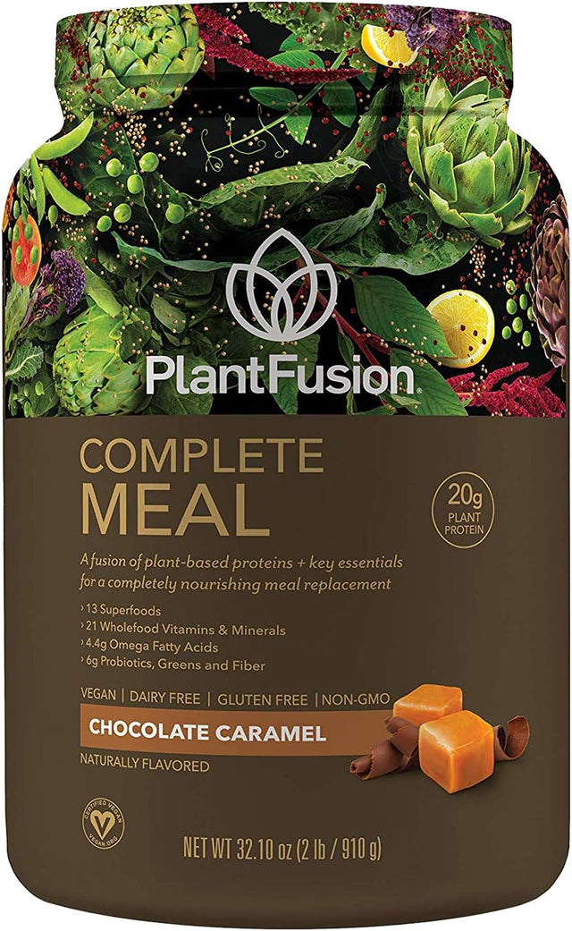 Plantfusion Complete Meal Replacement Shake - Plant Based Protein Powder with Superfoods, Greens & Probiotics - Vegan, Gluten Free, Soy Free, Non-Dairy, No Sugar, Non-Gmo - Chocolate Caramel 2 Lb