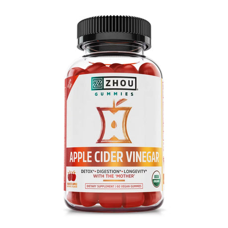 Zhou Nutrition Apple Cider Vinegar Gummies with the Mother - ACV Vegan Detox Cleanse - Gluten Free Probiotic Supplement for Digestion Support - 60 Gummies