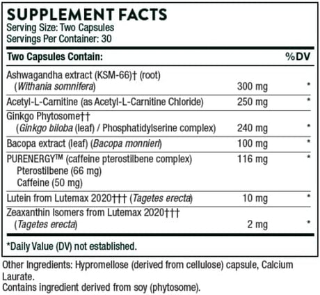 Thorne Memoractiv - Nootropic Brain Supplement for Focus, Creativity, and Concentration - Ashwagandha, Ginkgo, Lutemax, Bacopa, Pterostilbene - Gluten-Free, Dairy-Free - 60 Capsules - 30 Servings