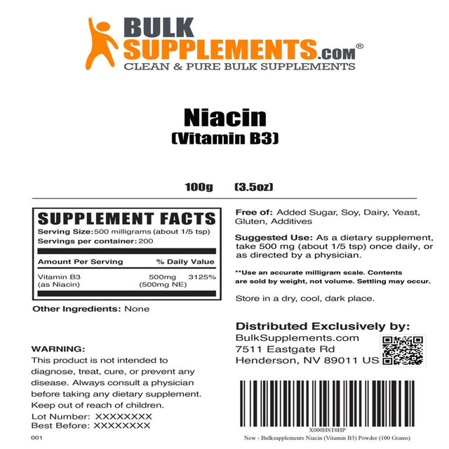 Bulksupplements.Com Niacin (Vitamin B3) Powder - Niacin 500 Mg - Flush Free - B3 Vitamins - Flush Free Niacin - Vitamin B3 Niacin (100 Grams - 3.5 Oz)