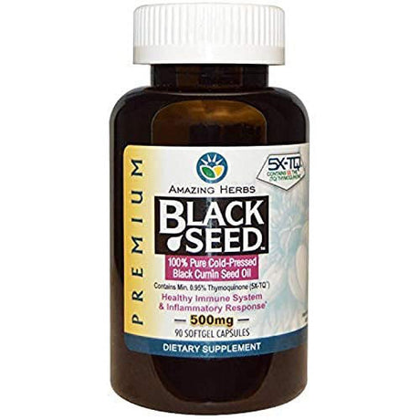 Amazing Herbs Premium Black Seed Oil Capsules - Cold Pressed Nigella Sativa Aids in Digestive Health, Immune Support, Brain Function, Gluten Free, Non GMO - 90 Count, 500Mg