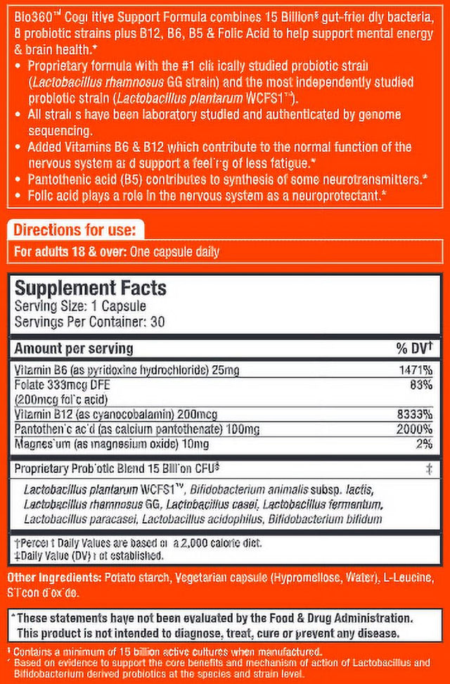 Bio360 Probiotics Cognitive Support Formula, Daily Probiotic for Brain Health & Mental Energy, 30 Ct