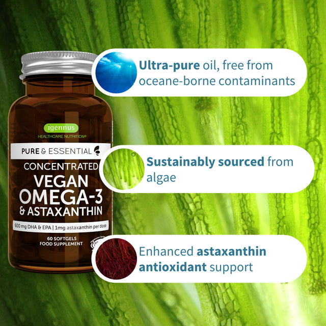 Vegan Omega 3, High Concentration EPA DHA Algae Oil, Sustainable & Pure, plus Astaxanthin, 600Mg DHA & EPA for Heart, Brain & Eye Health, 60 Small Softgels