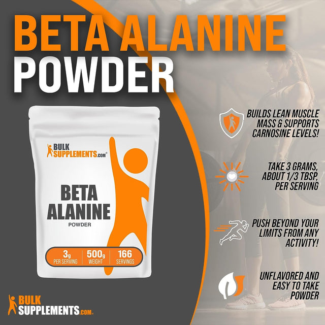 BULKSUPPLEMENTS.COM Beta Alanine Powder - Beta Alanine Pre Workout, Beta Alanine 3000Mg - Beta Alanine 500G, Beta Alanine Bulk - Unflavored, Pure & Gluten Free, 3G per Serving, 500G (1.1 Lbs)