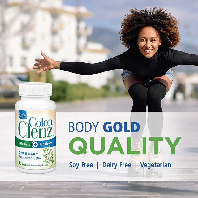 Body Gold Colon Clenz Regularity & Detox Formula | Once Daily Support with 9 Herbs + Active Probiotics | 75 CT