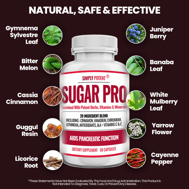 Blood Sugar Support Supplement, Sugar Pro with 20 Herb & Vitamin Blend with Cinnamon, Alpha Lipoic Acid (ALA), Bitter Melon, Chromium & Gymnema to Balance Sugar Levels, 60 Capsules