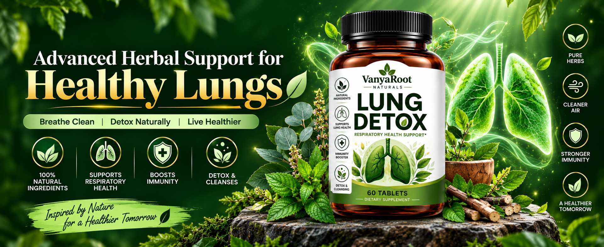 VanyaRoot Naturals Lung Detox Tablets 60 Count | फेफड़ों की सेहत के लिए सपोर्ट | Respiratory Health Support | Natural Ingredients | Immunity Booster & Lung Wellness Supplement (Pack of 1)