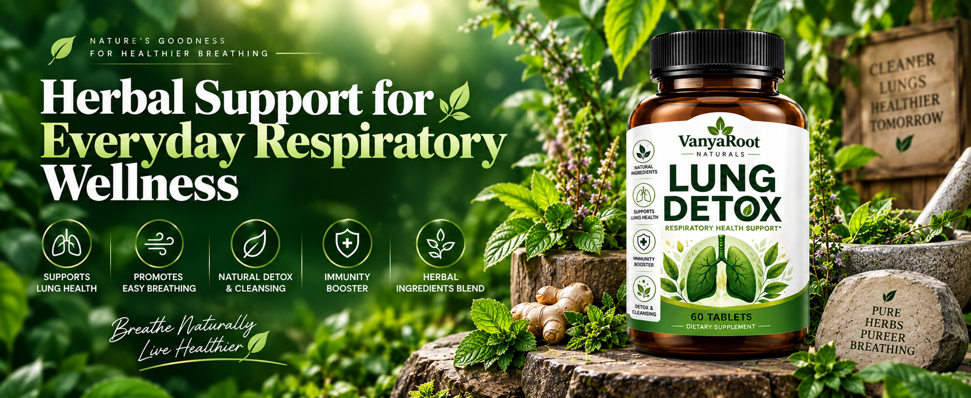 VanyaRoot Naturals Lung Detox Tablets 60 Count | फेफड़ों की सेहत के लिए सपोर्ट | Respiratory Health Support | Natural Ingredients | Immunity Booster & Lung Wellness Supplement (Pack of 1)