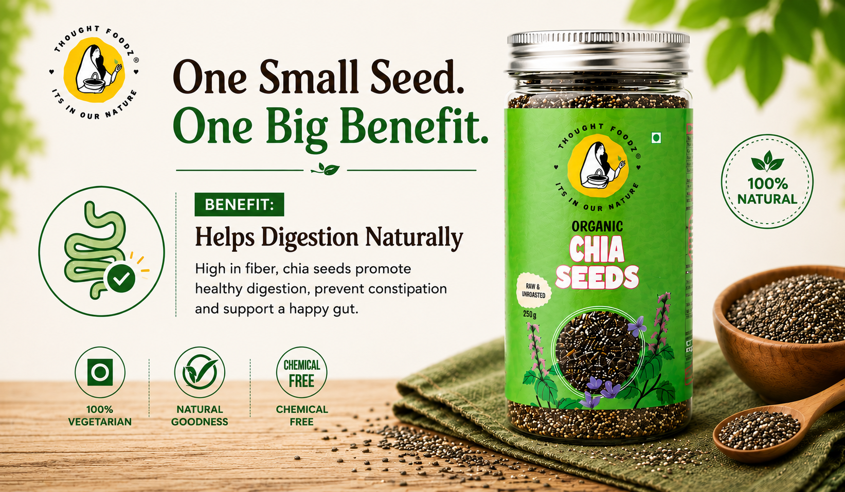 ThoughtFoodz Chia Seeds – 100% Organic & Raw Superfood | High in Omega-3, Fiber & Protein | Ideal for Weight Loss, Digestion & Energy(250gms)