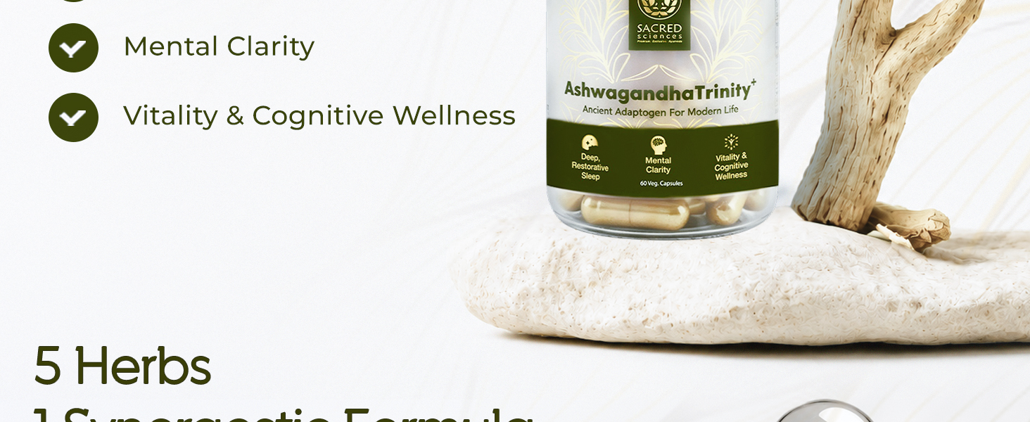 AshwagandhaTrinity+™ | Premium 5-herb Ayurvedic Supplement | Not just Ashwagandha: Also Contains Mandukparni, Shankhpushpi, Jatamansi & Marich | Deep & Restorative Sleep, Mental Clarity, Vitality & Cognitive Wellness | | 60 Vegetarian Capsules | Ayush Premium