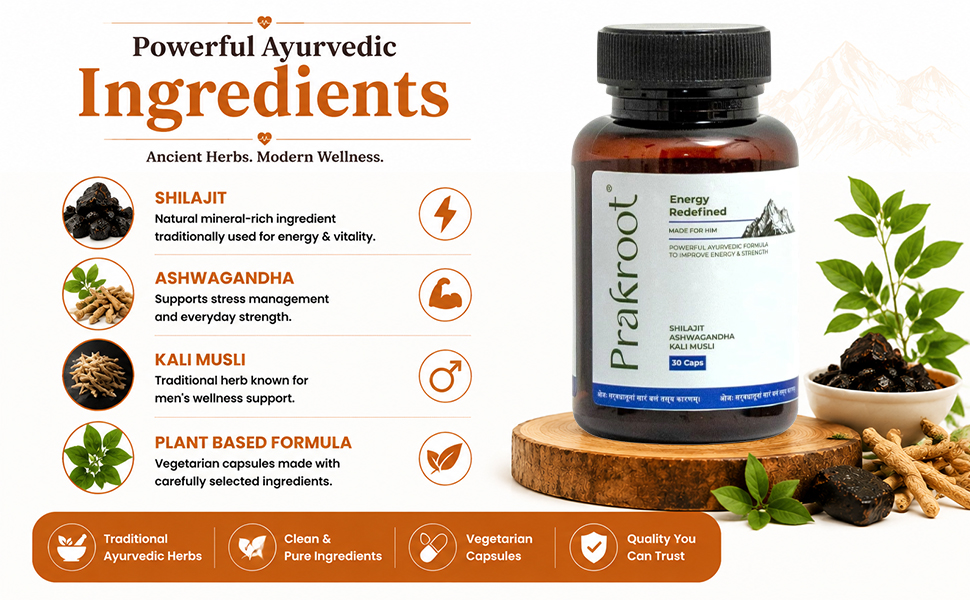 Energy Redefined for Him | Herbal Supplement with Shilajit Ashwagandha & Kali Musli | Vegetarian Capsules with Plant Based Ingredients | Herbal Capsules for Men | 30 Veg Capsules | Pack of 1