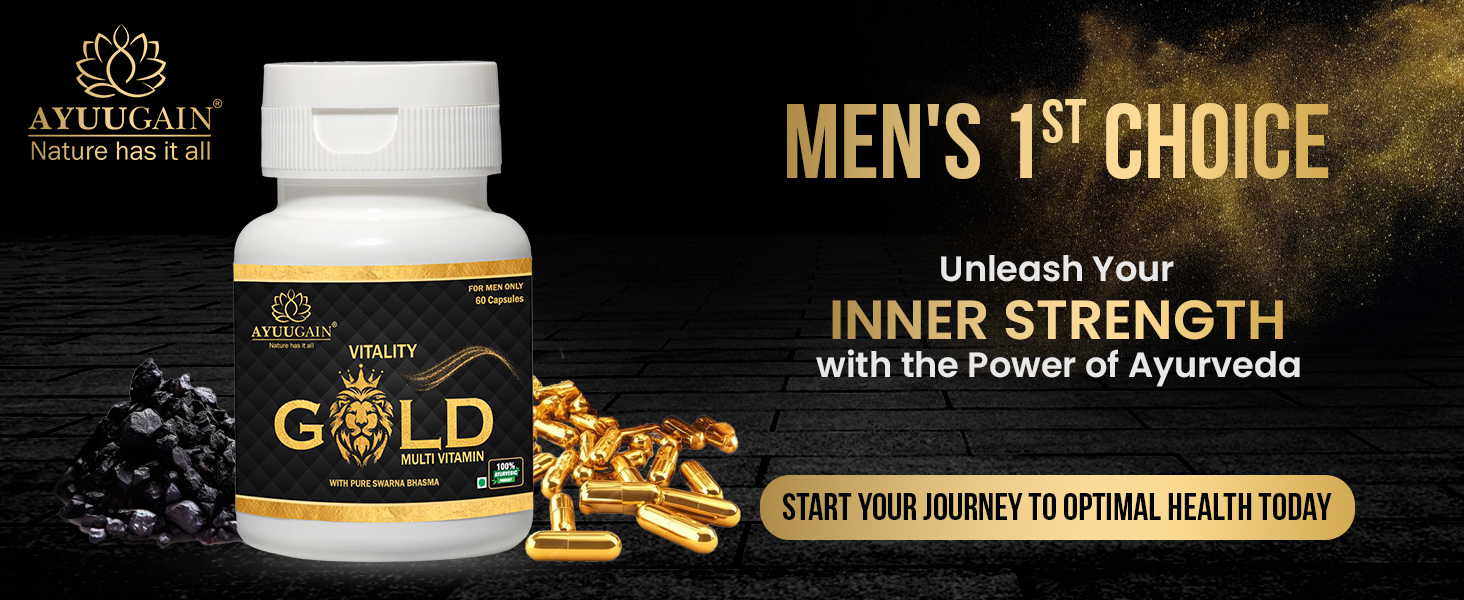 AYUUGAIN Vitality Gold Capsule for Men with Swarna Bhasma, Shilajeet, Safed Musli, Akarkara, Makardhwaj, Jund Bedastar, Konch Beej| Overall Health Booster Ayurvedic Stamina Supplement for Men -60Caps