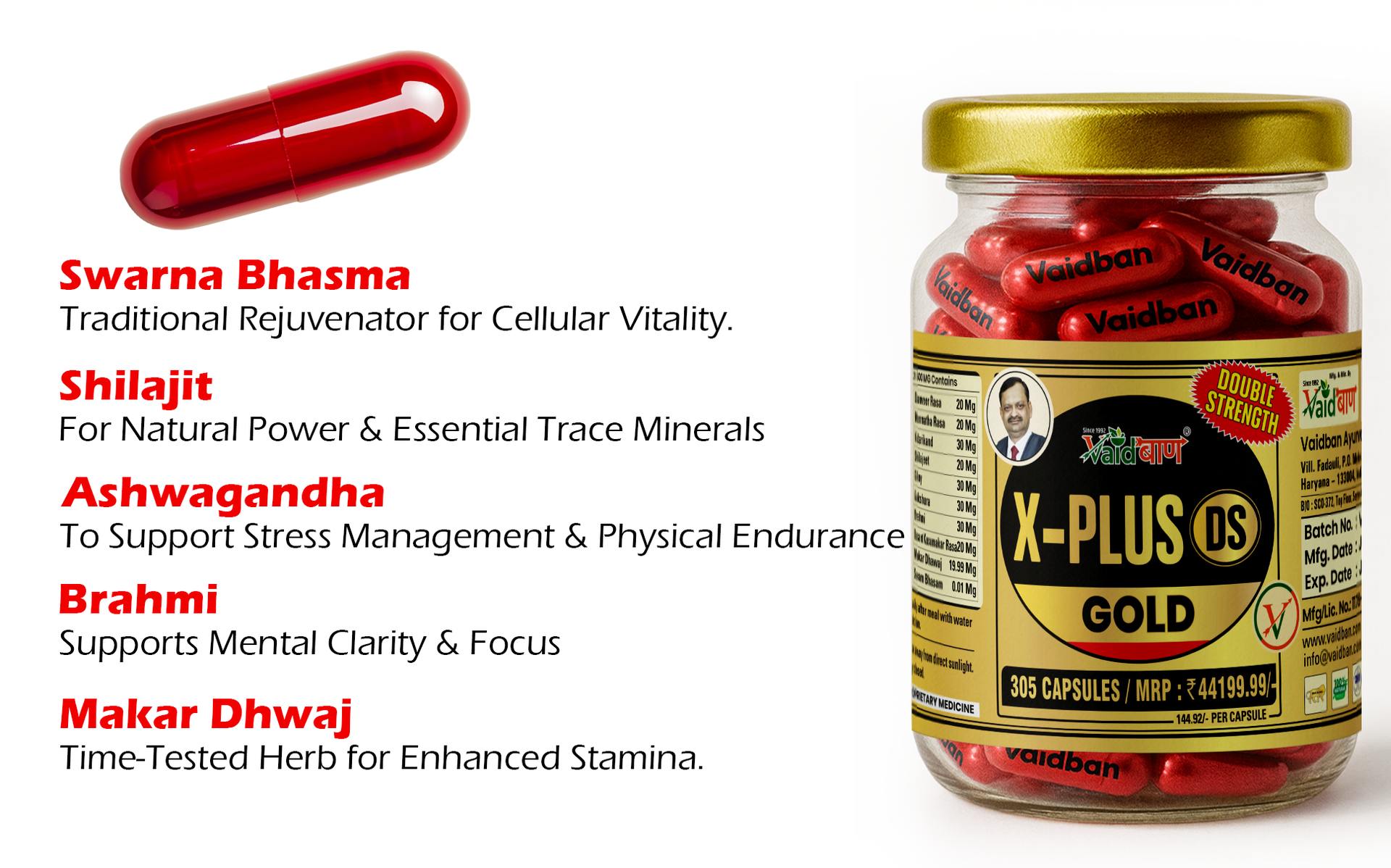 Vaidban X-Plus DS Gold Capsule, Ayurvedic Vitality Supplement with Safed Musli, Ashwagandha, Shilajit, Shatavari, Giloy, Brahmi, Strength & Immunity Booster, Made in India