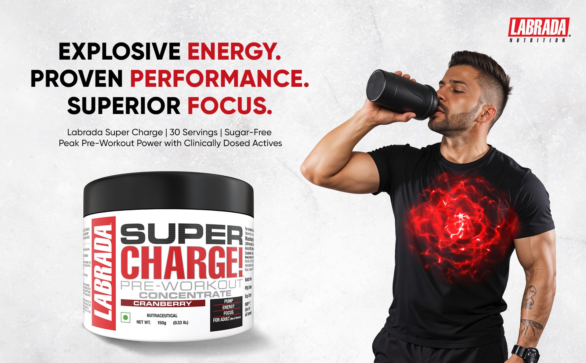 Labrada Super Charge Pre Workout Supplement for Men & Women | Energy, Focus & Muscle Pump Support | Pink Guava | 150g