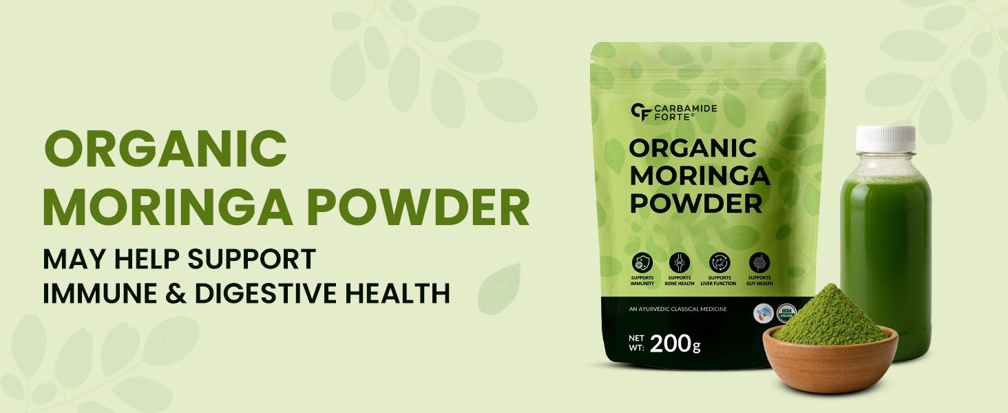 Carbamide Forte 100% Organic Moringa Powder - Moringa Oleifera - USDA Certified | Moringa Leaves Powder | Moringa Powder Organic for Immunity, Digestion & Energy | Drumstick Leaves Powder - 200g