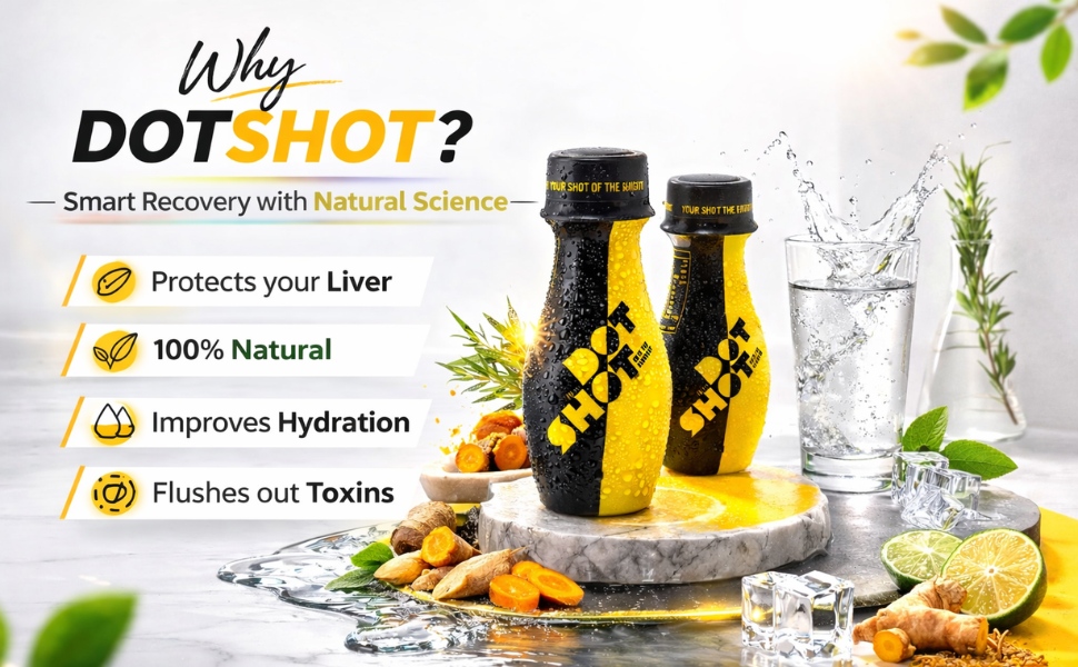 DOT SHOT Anti Hangover Shot for After Party Recovery | 100% Vegan Liver Detox Drink | Clinically Proven Shots with Turmeric, Vitamins & Electrolyte | No Side Effects | Pack of 2