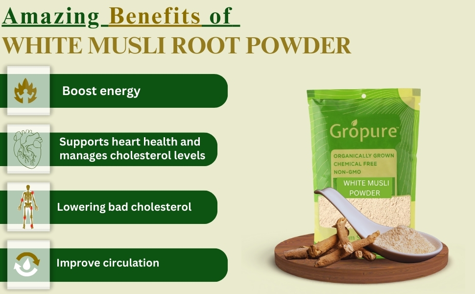 GroPure Organic Safed Musli Root Powder, White Musli, Ayurvedic Herb, 400g