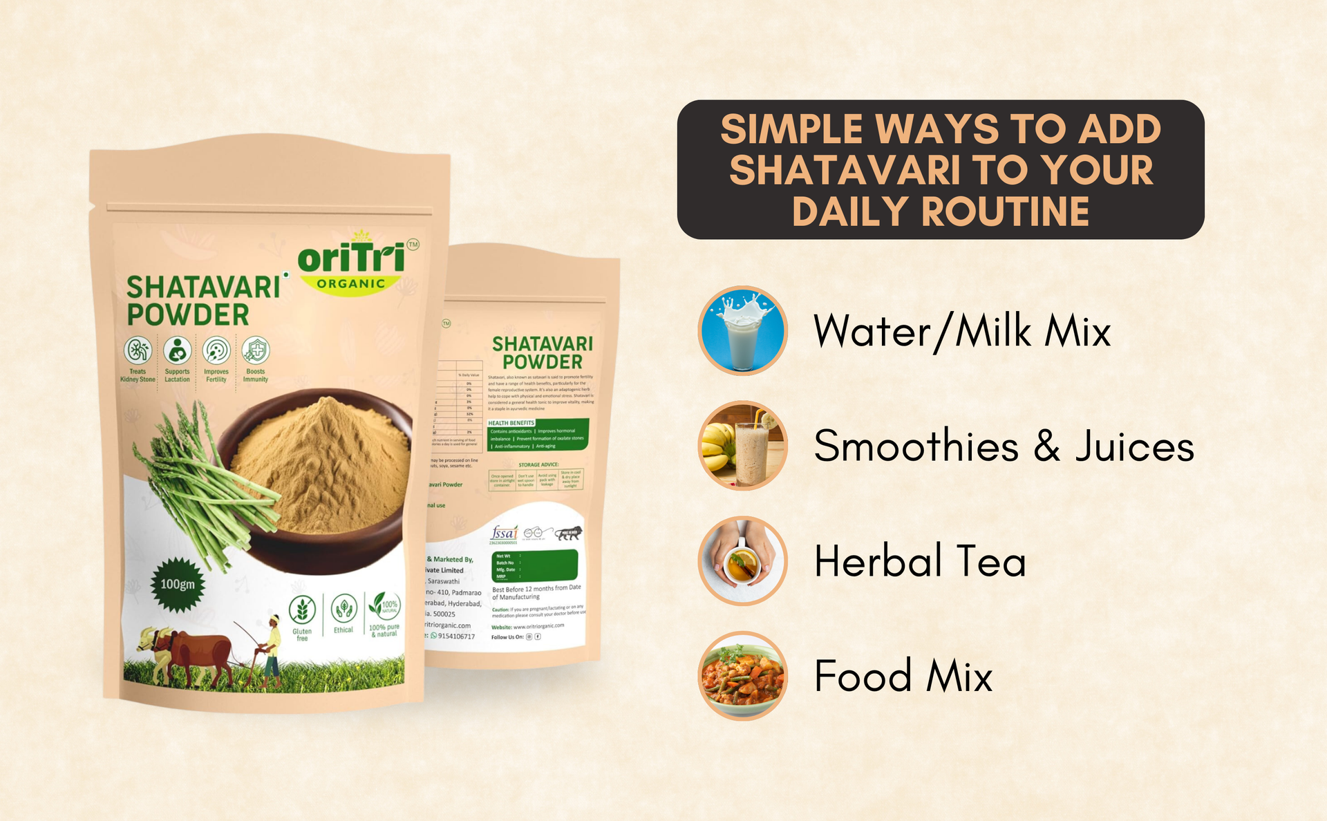 Oritri Organics 100g Shatavari Powder | Natural Lactation & Hormonal Support for Women | Promotes Breast Milk Production & Wellness | Pure, Non-GMO Ayurvedic Herbal Supplement