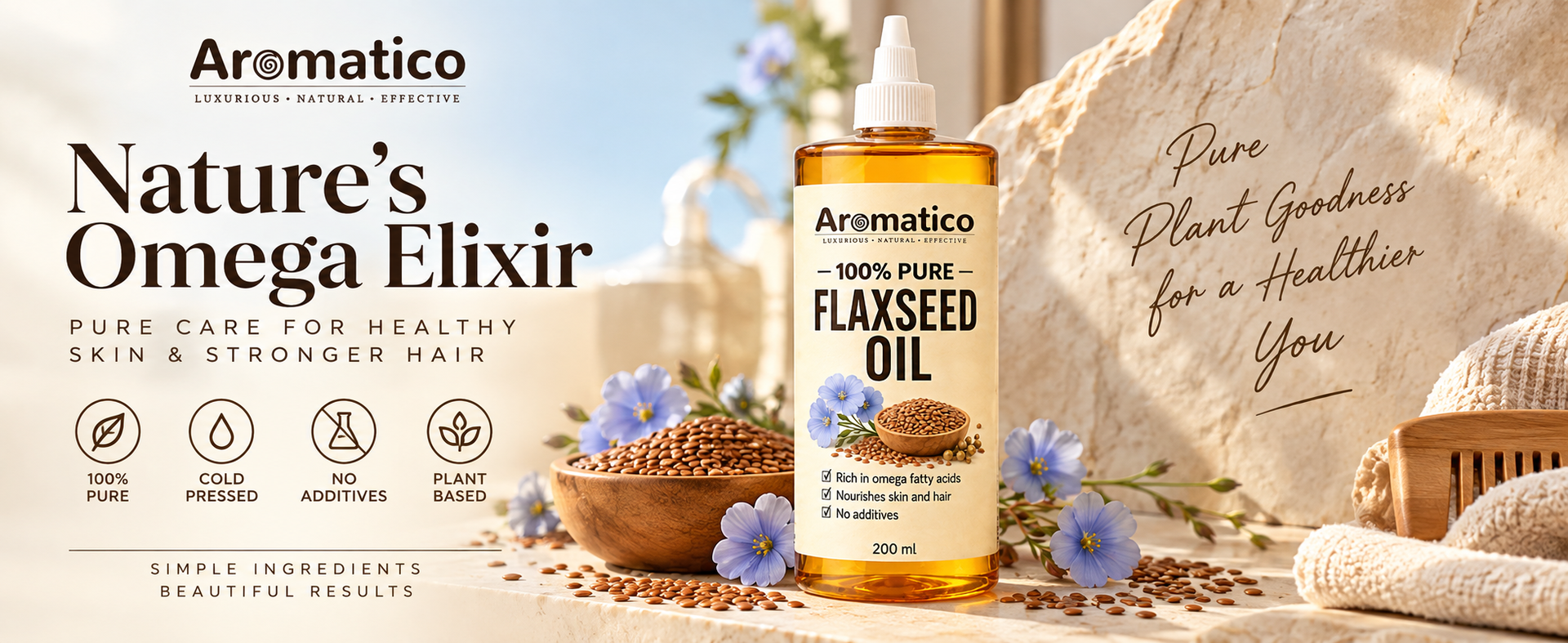 AROMATICO Flaxseed Oil for Skin, Hair, Scalp Massage & Lightweight DIY Beauty Care | Omega 3,6 & 9 Rich for Glowing Skin & Hair Growth - 200ml