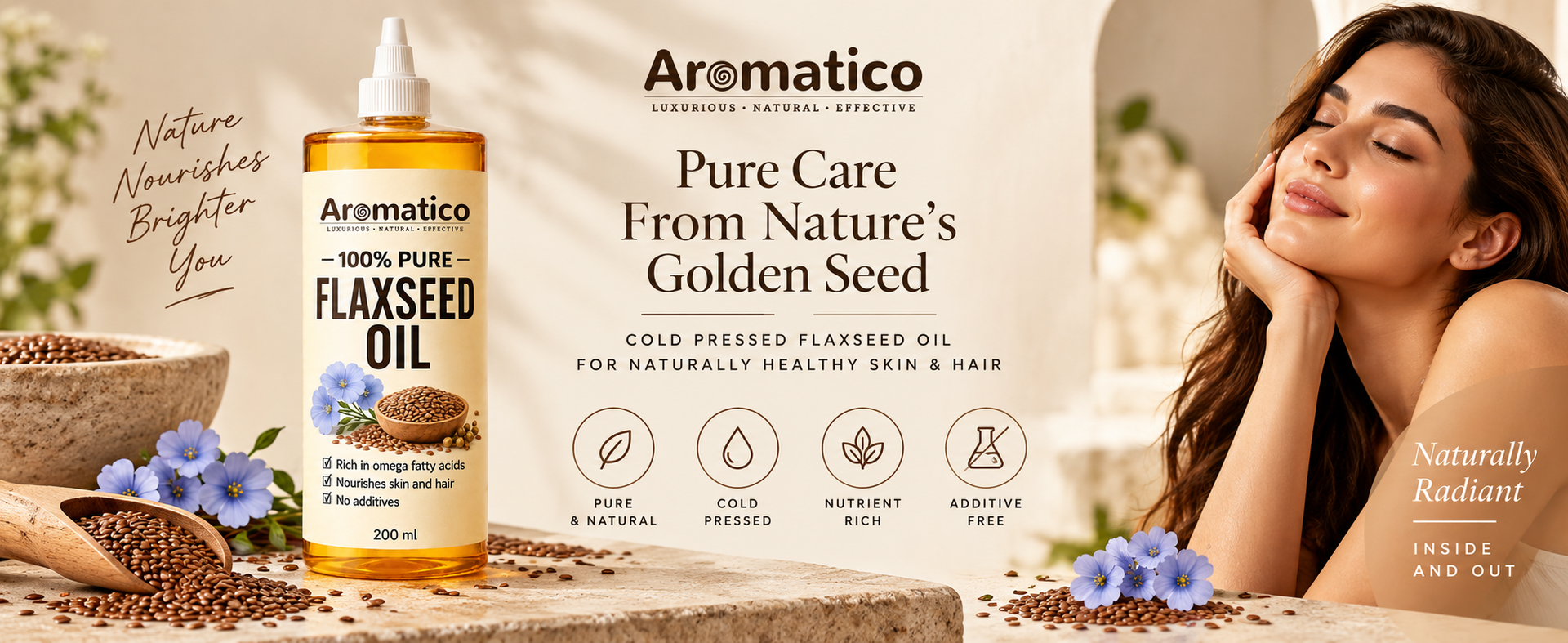 AROMATICO Flaxseed Oil for Skin, Hair, Scalp Massage & Lightweight DIY Beauty Care | Omega 3,6 & 9 Rich for Glowing Skin & Hair Growth - 200ml