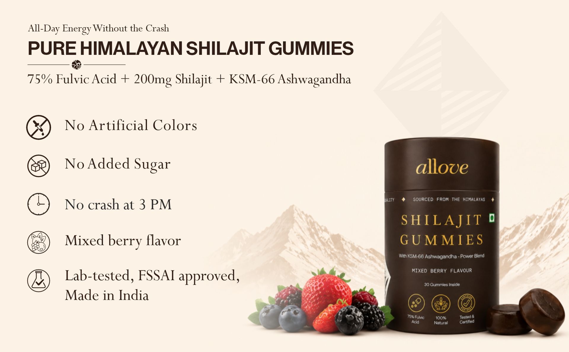 Allove Shilajit Gummies with KSM-66 Ashwagandha| 30 Gummies | Mixed Berry
