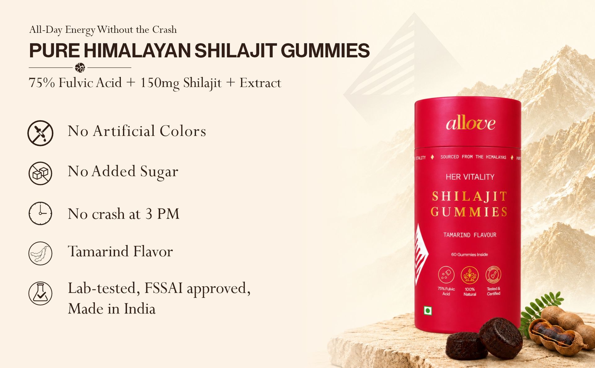 Allove Her Vitality Shilajit 60 Gummies | Shatavari & Ashoka | Tamarind