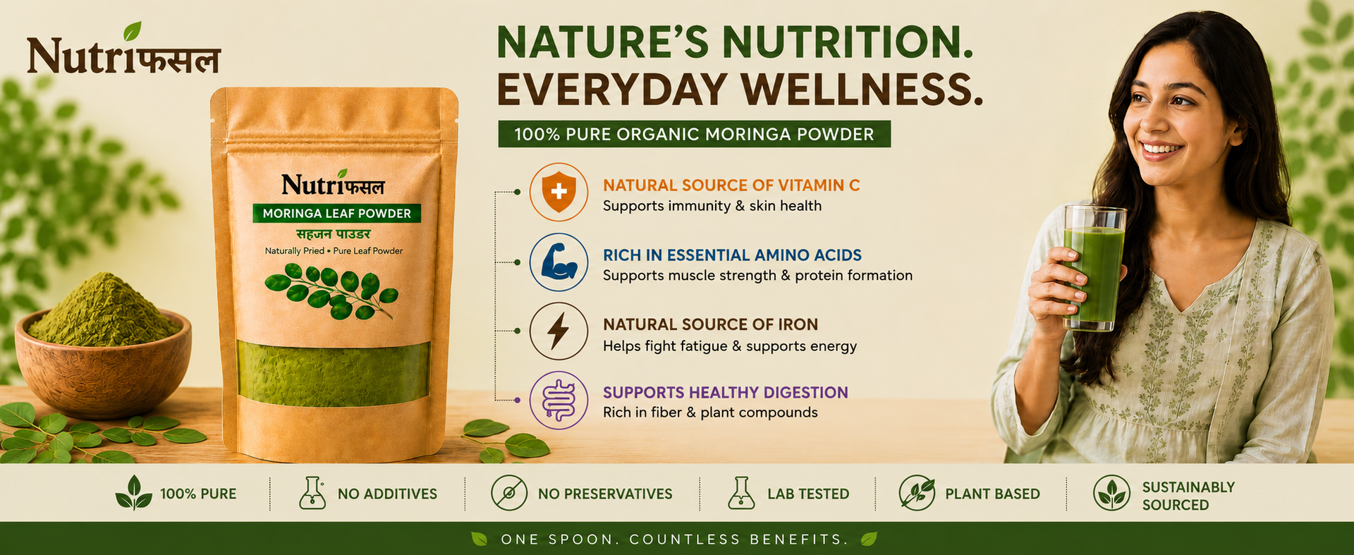 NutriFasal Organic Moringa Powder 100g | Pure Sahjan Powder | Supports Energy & Wellness | For Dal, Roti, Sambar, Curry & Soup | Rich in Vitamins & Minerals for Daily Nutrition