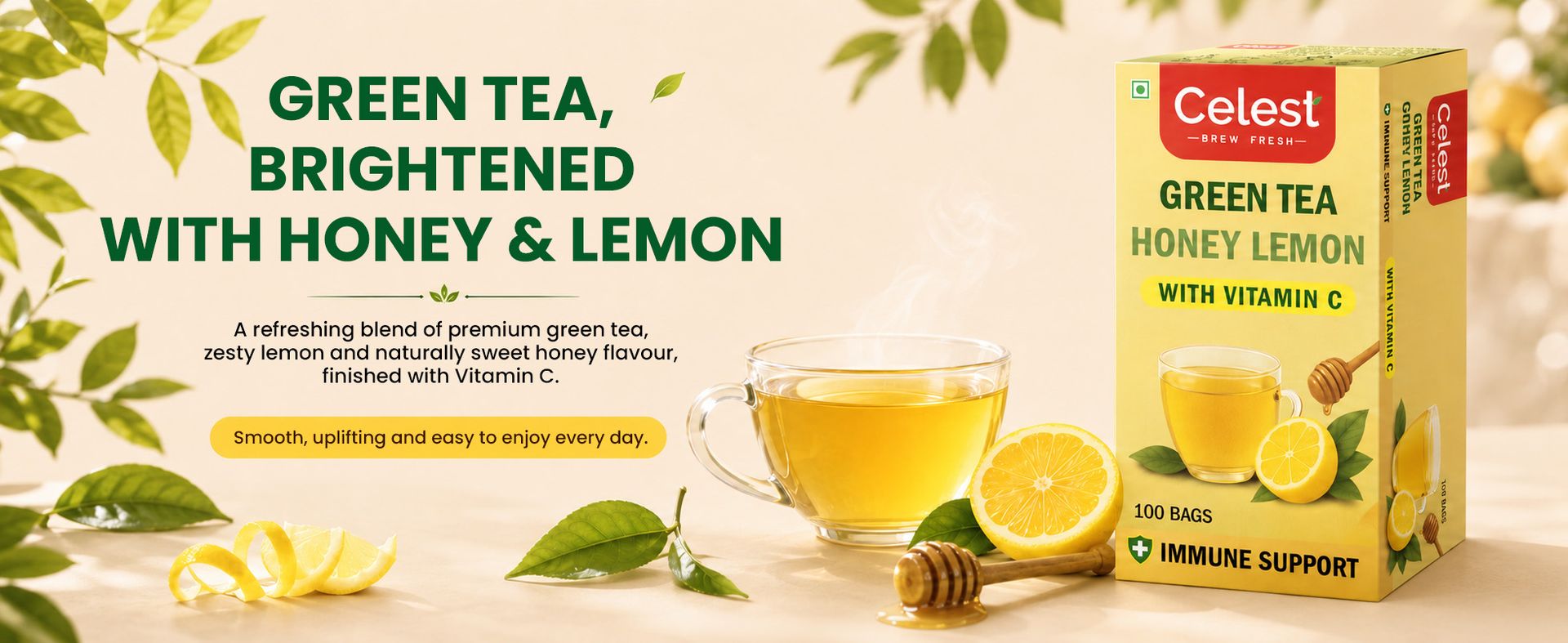 Celest Green Tea, Lemon & Honey, 100 Bags | Immunity Packed with Vitamin C | Green Teabags | Pack of 2