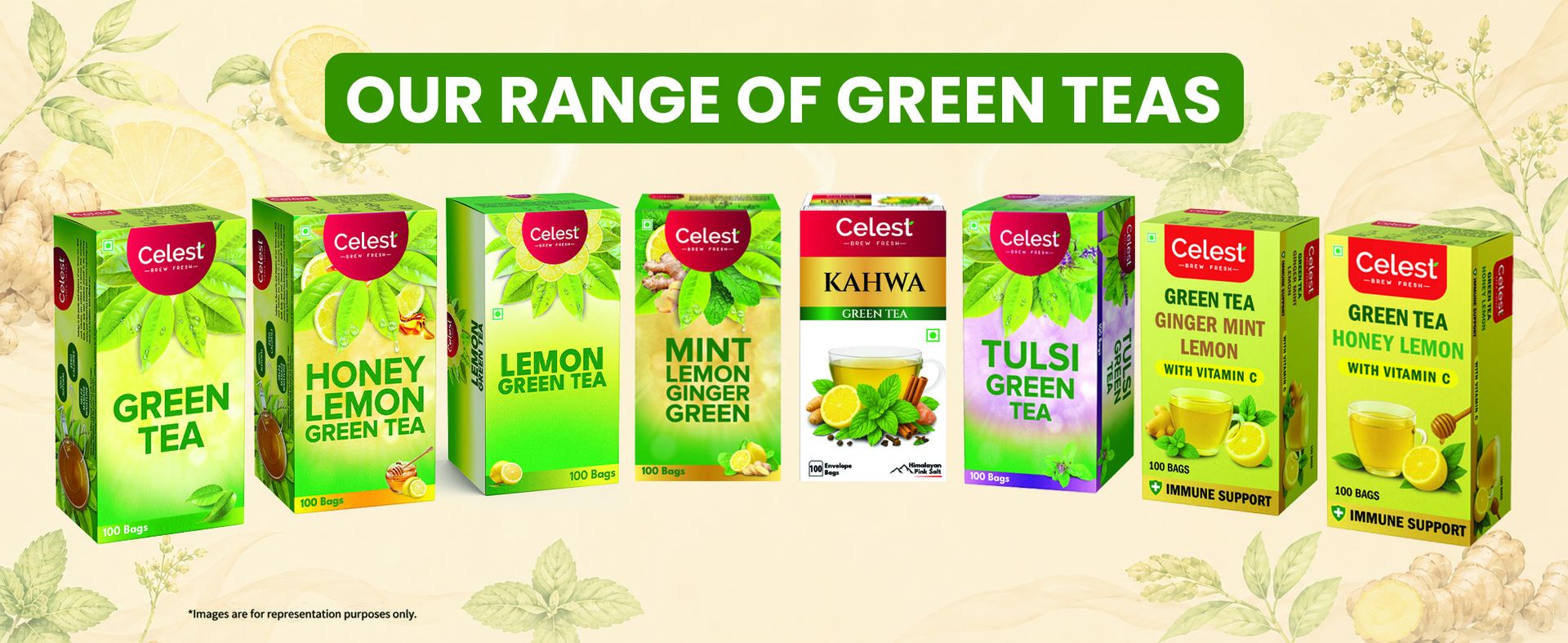 Celest Green Tea, Lemon & Honey, 100 Bags | Immunity Packed with Vitamin C | Green Teabags | Pack of 2
