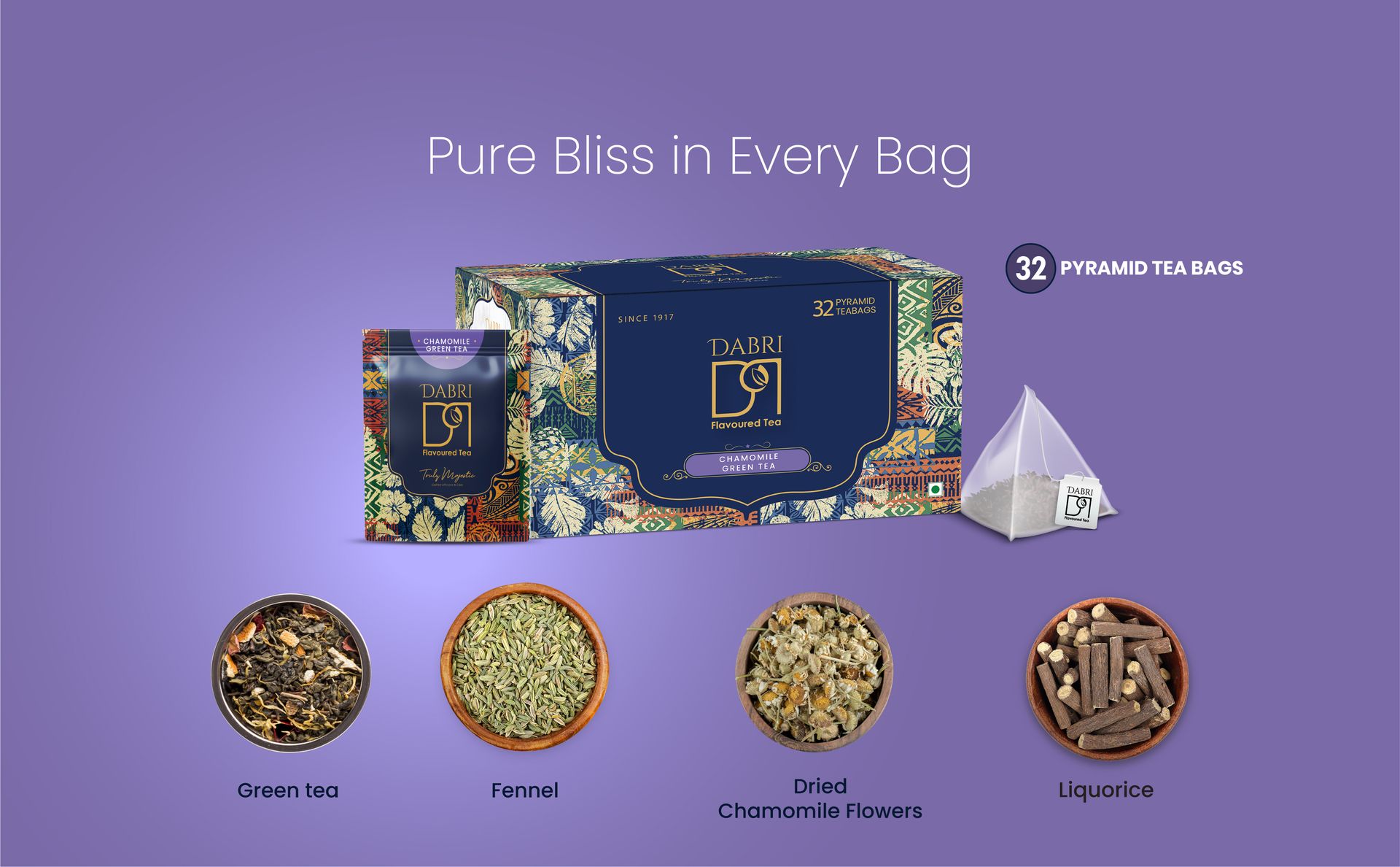 Dabri Chamomile Green Tea 32 Pyramid Dip Tea Bags | Natural Whole Leaf & Chamomile Flowers | Relieves Menstrual Cramps & Stress | Aids Sleep & Digestion | Supports Glowing Skin & Strong Hair