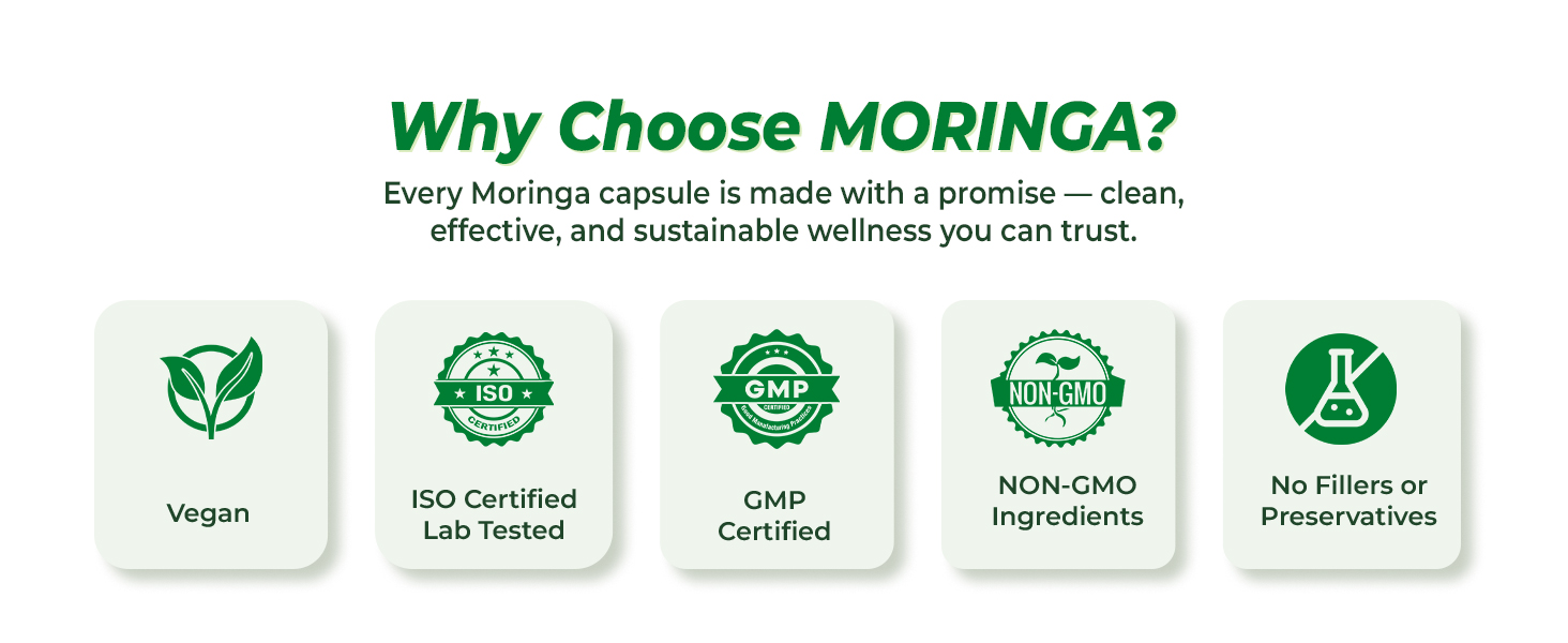 MORA Moringa Capsules - 5:1 Drumstick Leaf Extract | Moring Leaf Extract for Energy, Immunity, Digestion, Hair & Skin | 60 Vegan Lab-Tested Capsules