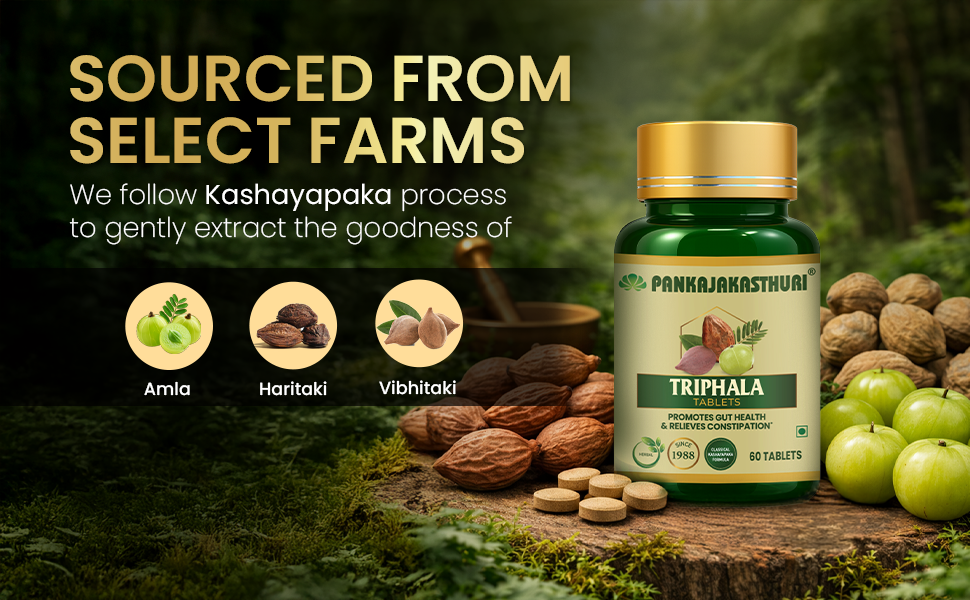 Pankajakasthuri Triphala Tablets for Digestive Health and Detoxification, 60 Tablets, with Amla, Bibhitaki and Haritaki, Plant-Based