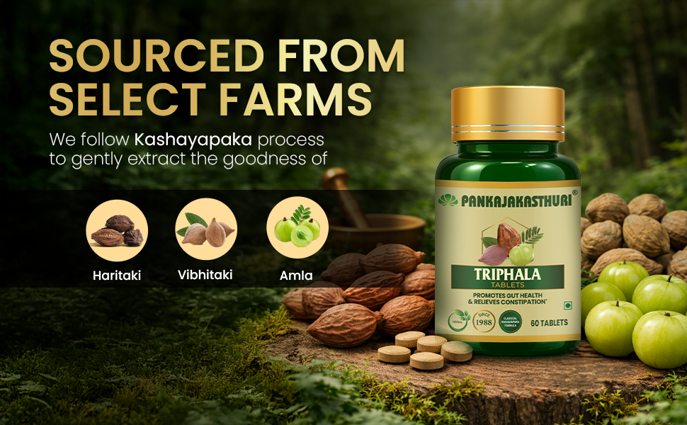 Pankajakasthuri Triphala Tablets for Digestive Health and Detoxification, 60 Tablets, with Amla, Bibhitaki and Haritaki, Plant-Based