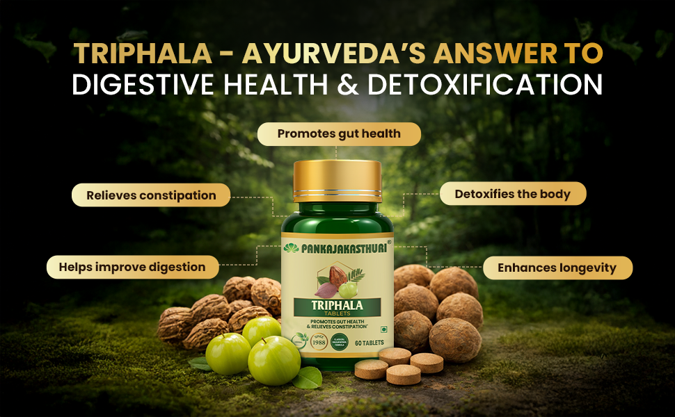 Pankajakasthuri Triphala Tablets for Digestive Health and Detoxification, 60 Tablets, with Amla, Bibhitaki and Haritaki, Plant-Based