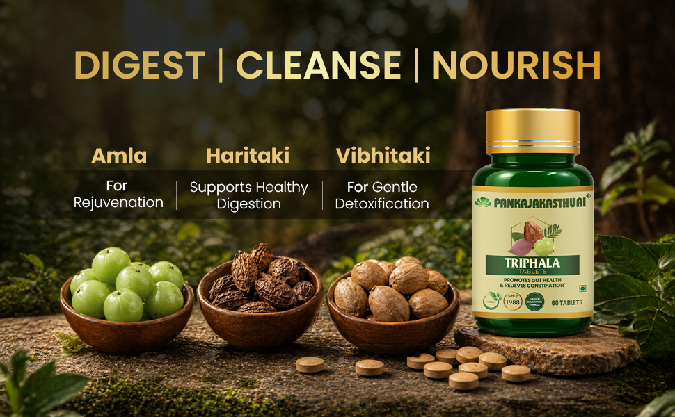 Pankajakasthuri Triphala Tablets for Digestive Health and Detoxification, 60 Tablets, with Amla, Bibhitaki and Haritaki, Plant-Based