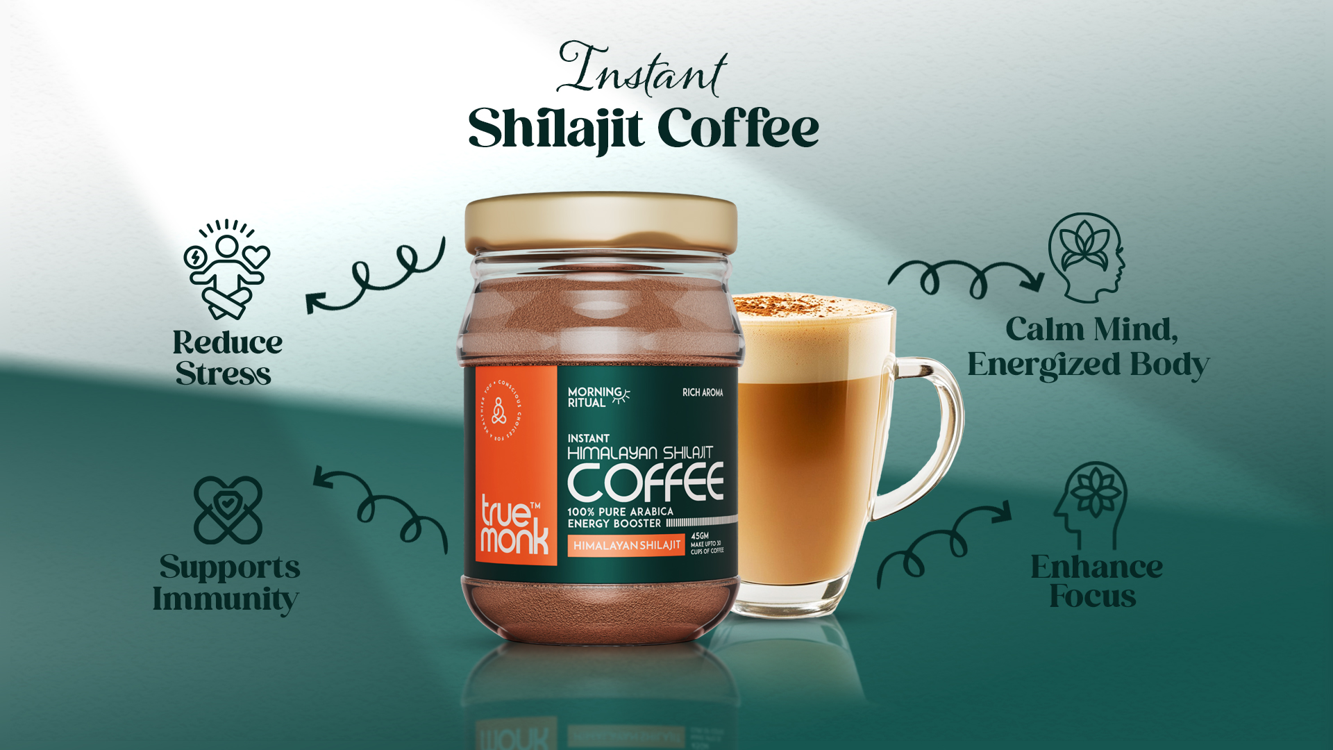 True Monk Morning Ritual | Shilajit/Shilajeet Coffee for Men & Women | Natural Pre-Workout with Pure Himalayan Shilajit (Gold Standard) & Premium Arabica Beans | 45g | Rich Aroma | Make Hot & Cold